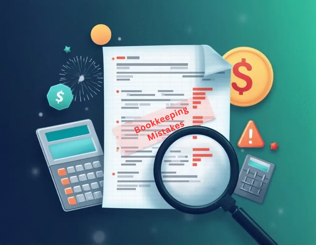 An image of a tax file showing Bookkeping Mistakes with a magnifying glass highlighting issues.