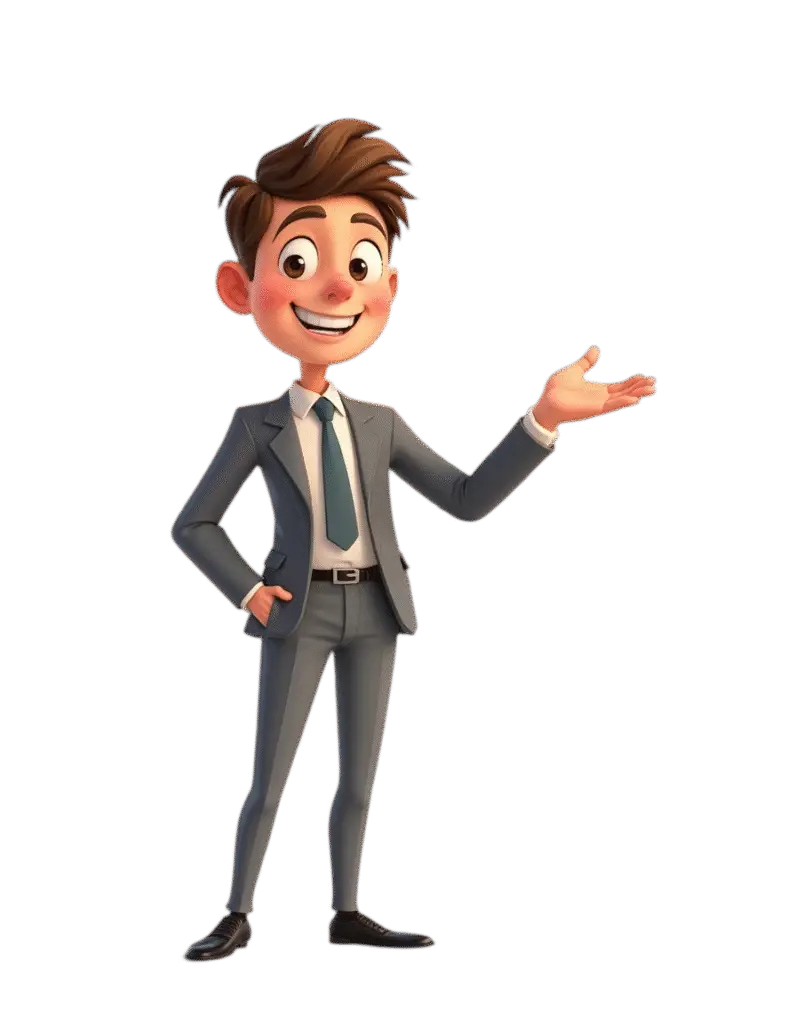 A cheerful cartoon man in a gray suit and tie stands with one hand on his hip and the other arm extended, as if presenting or introducing something, smiling brightly.